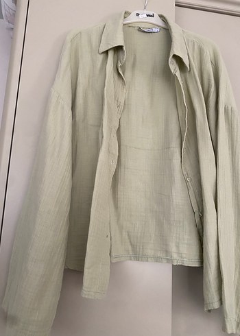 Bej Kadın Keten Gömlek Bol Kesim - Görsel 2