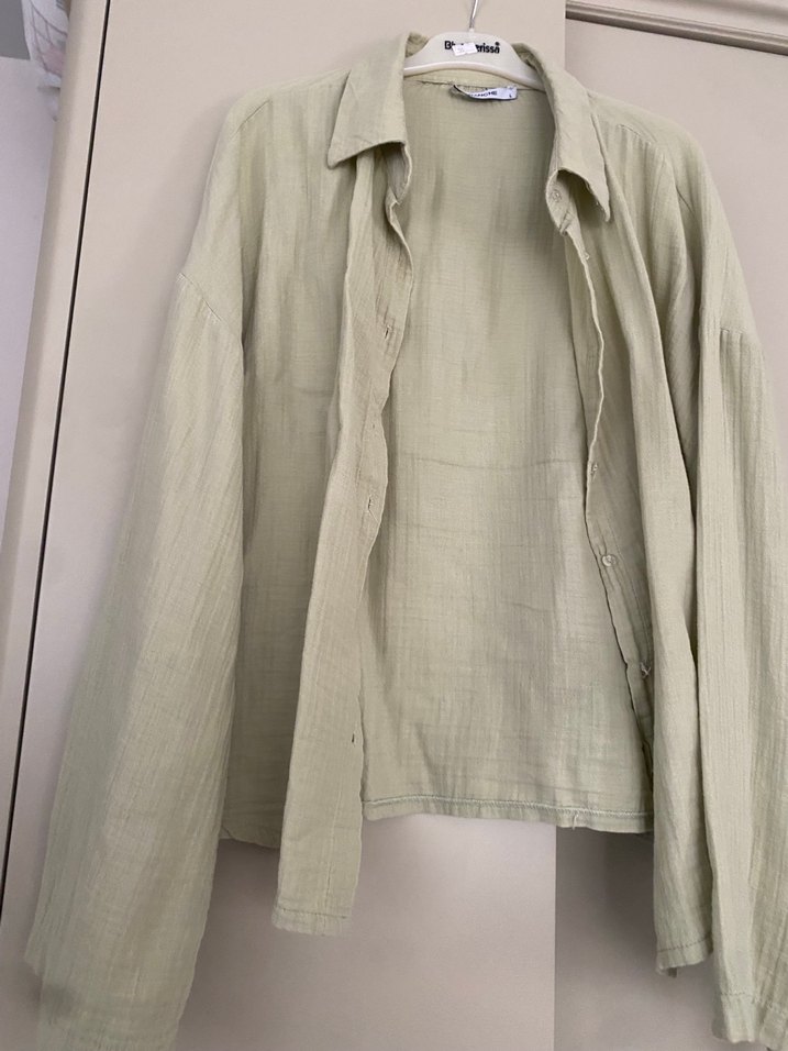 Bej Kadın Keten Gömlek Bol Kesim - Görsel 2