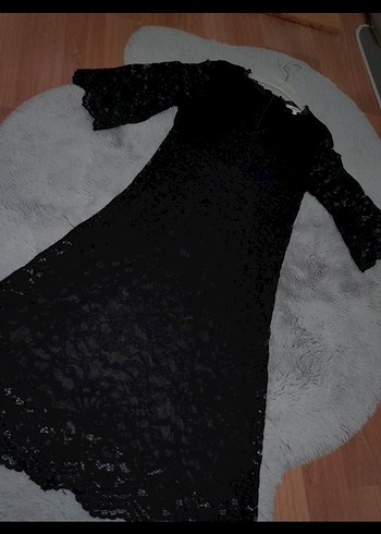Koton Dantel Detaylı Siyah Uzun Kollu Uzun Elbise