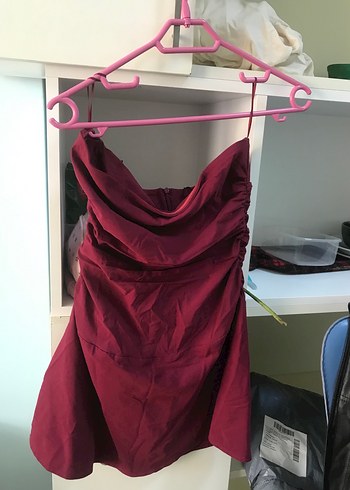 Bordo Drapeli Straplez Midi Abiye Elbise - Görsel 2