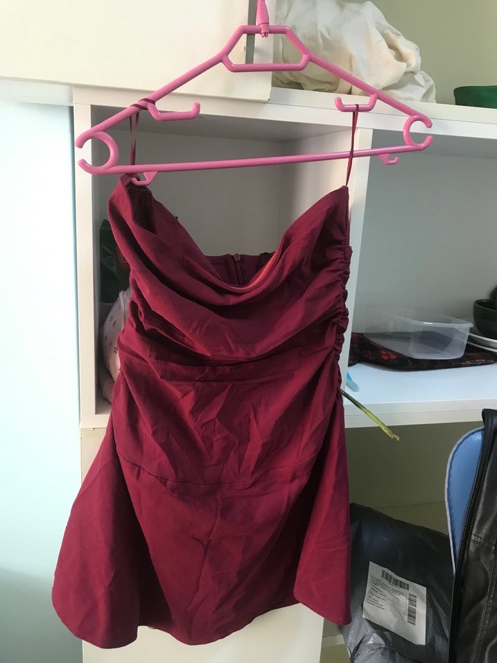 Bordo Drapeli Straplez Midi Abiye Elbise - Görsel 2