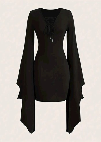 Siyah V Yakalı Uzun Kollu Gotik Elbise