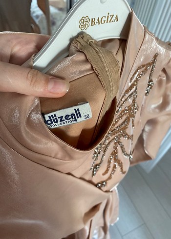 m Beden İşlemeli, Uzun Kol, Pembe Abiye Elbise