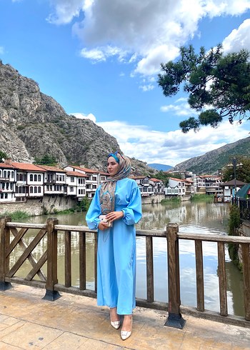 Uzun Kollu Mavi Etnik Desenli Uzun Elbise