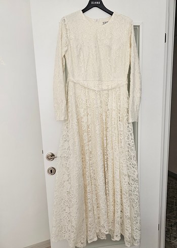 Dantel Detaylı EKRU Uzun Kollu Kadın ABİYE Elbise - Görsel 8