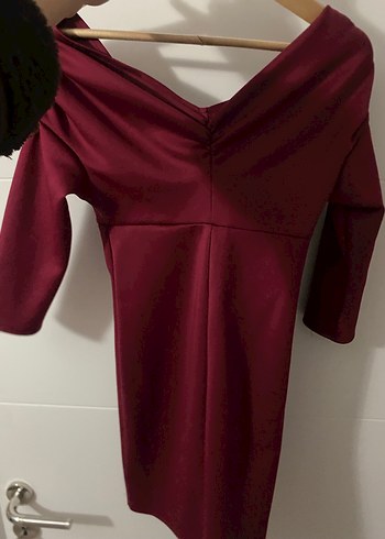 Bordo Drapeli V Yaka Midi Elbise - Görsel 2