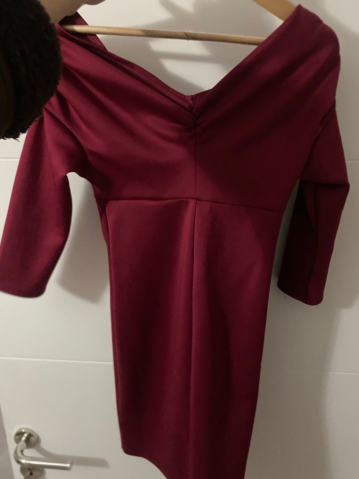 Bordo Drapeli V Yaka Midi Elbise - Görsel 2