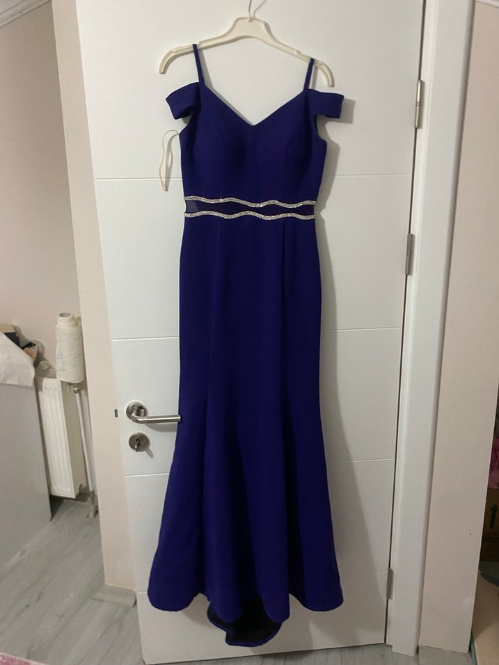 Parlak Mor V Yaka Uzun Kadın Elbise - Görsel 3