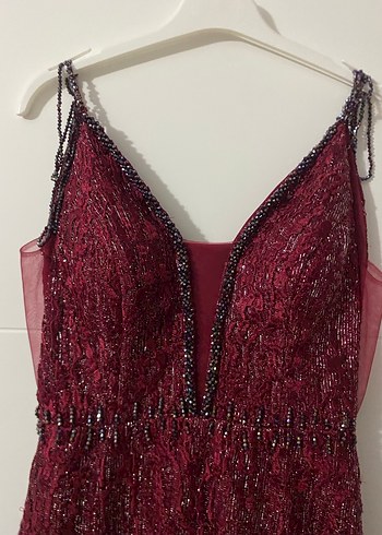 Bordo Payet İşlemeli Uzun Abiye Elbise - Görsel 2