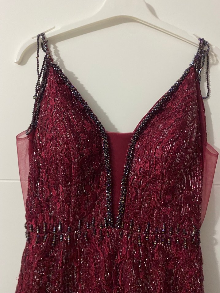 Bordo Payet İşlemeli Uzun Abiye Elbise - Görsel 2