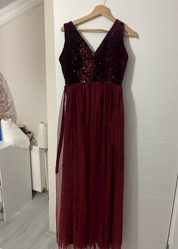 Bordo Uzun Abiye Elbise V Yaka Drapeli - Görsel 2