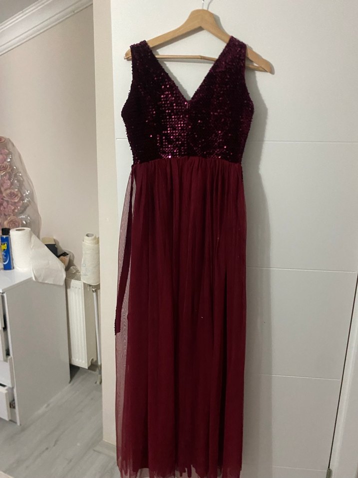 Bordo Uzun Abiye Elbise V Yaka Drapeli - Görsel 2