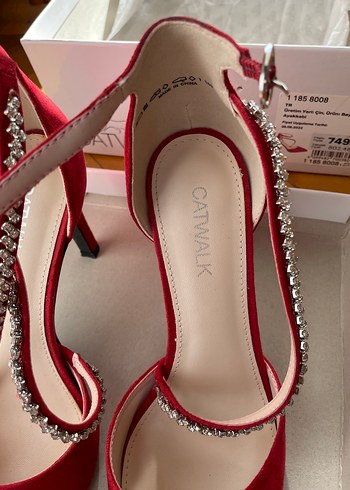 Kırmızı Süet Gümüş Taş Detaylı Stiletto - Görsel 7