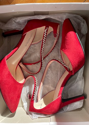 Kırmızı Süet Gümüş Taş Detaylı Stiletto - Görsel 5