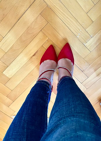 Kırmızı Süet Gümüş Taş Detaylı Stiletto - Görsel 4