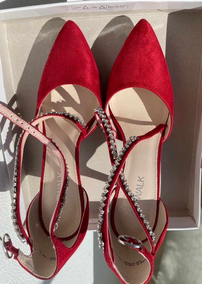 Kırmızı Süet Gümüş Taş Detaylı Stiletto - Görsel 3