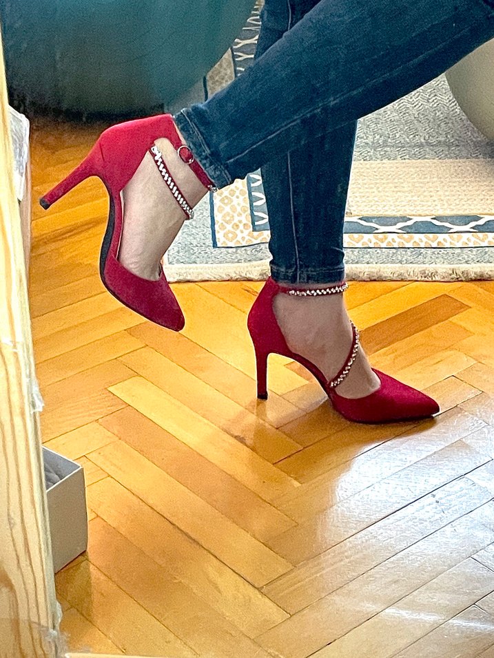 Kırmızı Süet Gümüş Taş Detaylı Stiletto - Görsel 2