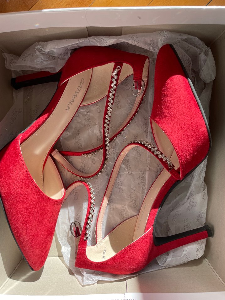 Kırmızı Süet Gümüş Taş Detaylı Stiletto - Görsel 5