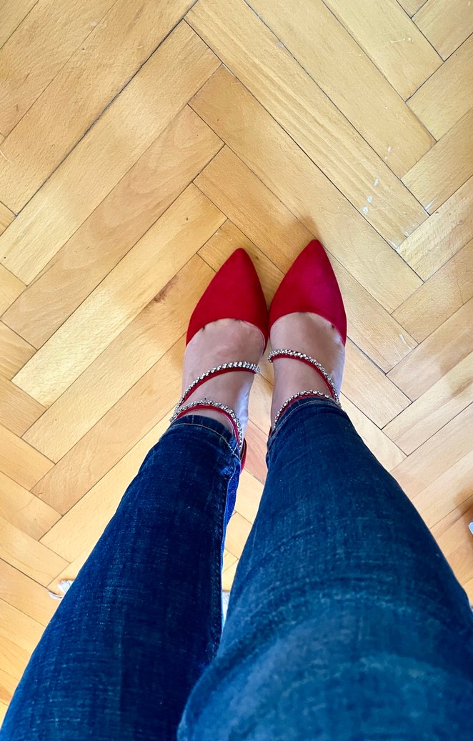 Kırmızı Süet Gümüş Taş Detaylı Stiletto - Görsel 4