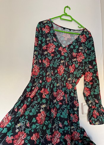 Çiçek Desenli V Yakalı Midi Elbise - Görsel 2