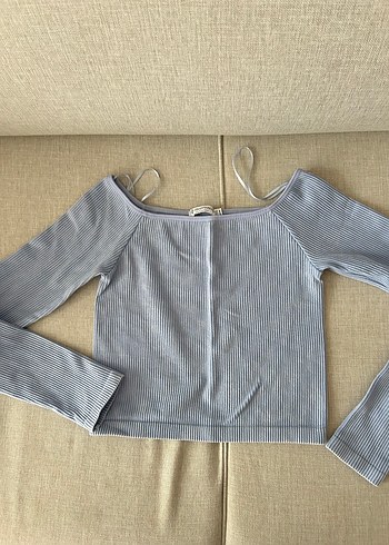 s Beden mavi Renk Mavi Kadın Crop Top, Uzun Kollu, Kayık Yaka