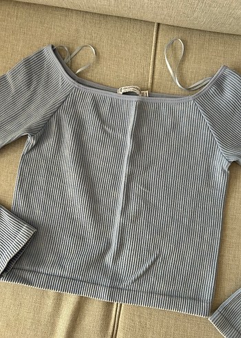 s Beden Mavi Kadın Crop Top, Uzun Kollu, Kayık Yaka