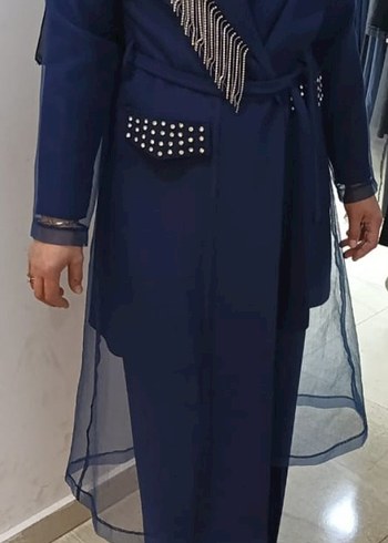 Uzun Lacivert Kadın 3 lü Abiye Takım elbise