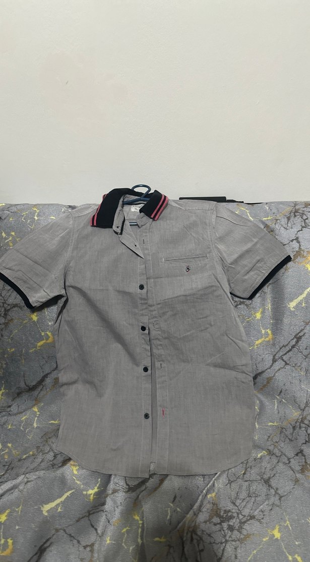Gri Kısa Kollu Pamuklu Erkek Gömlek - Görsel 4