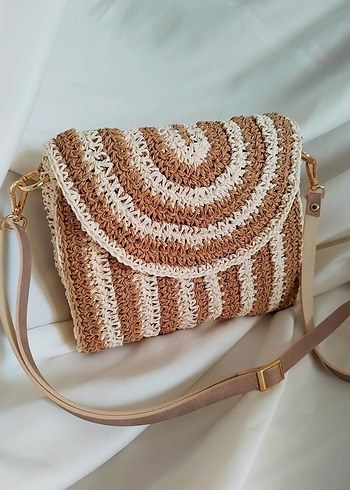 Bej Zebra Desenli Örgü Bohem Kadın Çanta