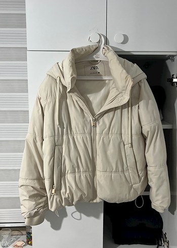 zara Kadın Beyaz Midi Kışlık Fermuarlı Mont