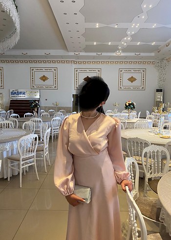 m Beden pembe Renk Pembe V Yakalı Uzun Kollu Drapeli Elbise