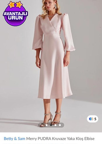 Pembe V Yakalı Uzun Kollu Drapeli Elbise