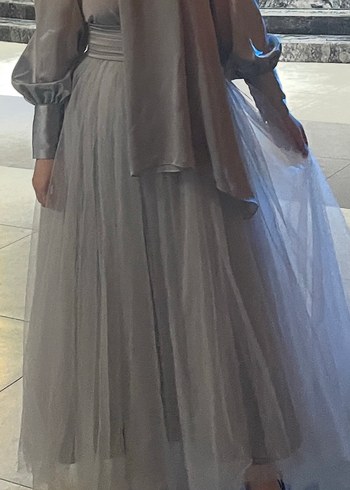 Gri Uzun Kollu Vintage Abiye Elbise - Görsel 2