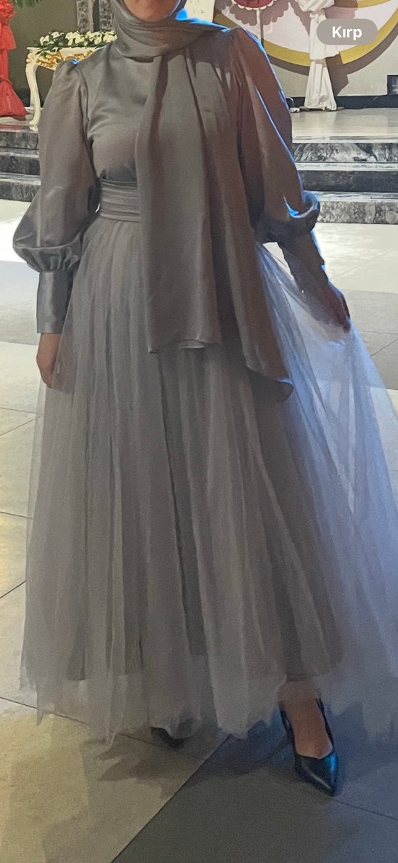 Gri Uzun Kollu Vintage Abiye Elbise - Görsel 2