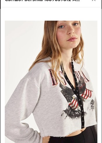 Düğmeli V Yaka Gri Crop Sweatshirt - Görsel 2