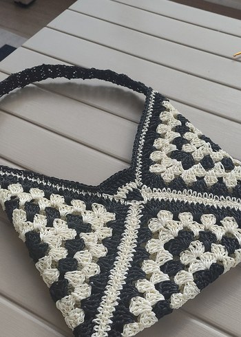 Siyah Beyaz Örgü Kadın Çanta - Görsel 7