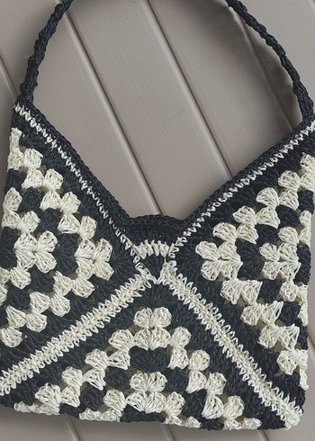 Siyah Beyaz Örgü Kadın Çanta - Görsel 5