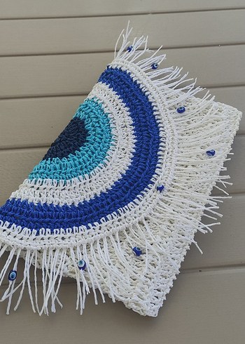 Bohem Mavi Nakışlı Boncuklu Kadın Örgü Çanta - Görsel 2