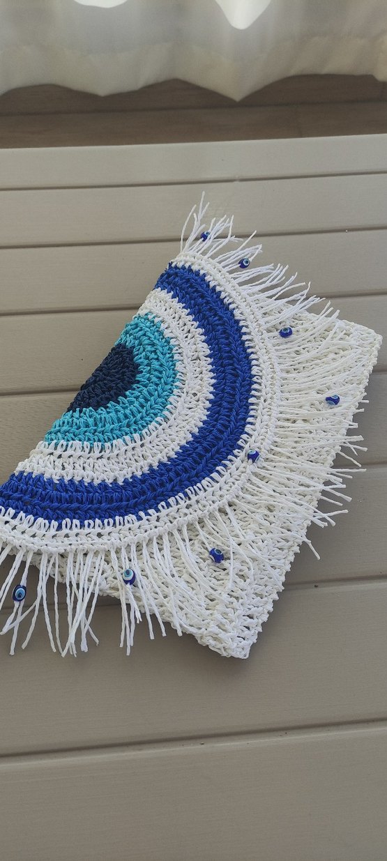 Bohem Mavi Nakışlı Boncuklu Kadın Örgü Çanta - Görsel 2