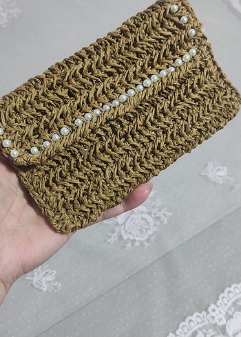 İnci Detaylı Bej Örgü Kadın Portföy Çanta, cüzdan - Görsel 4