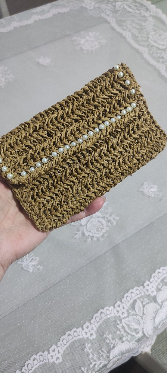İnci Detaylı Bej Örgü Kadın Portföy Çanta, cüzdan - Görsel 4