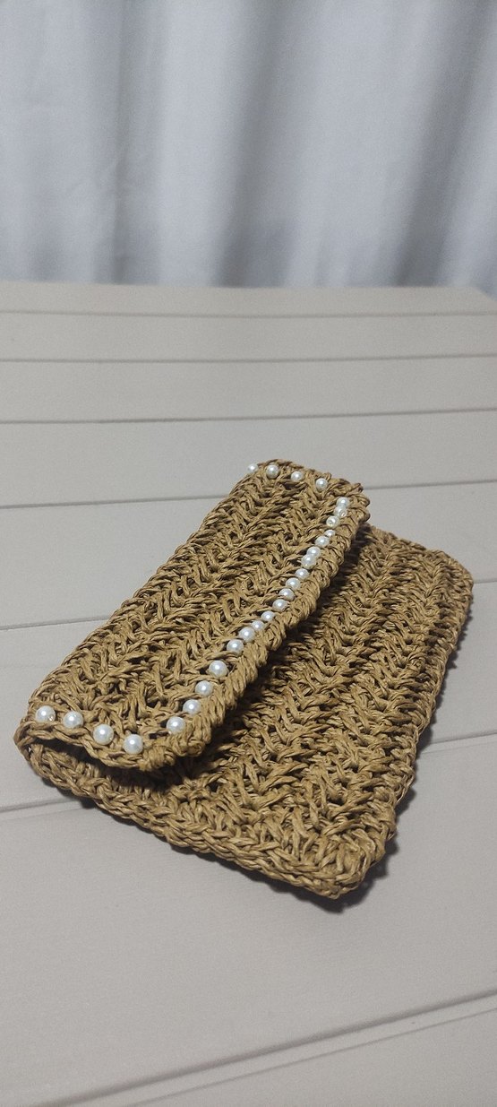 İnci Detaylı Bej Örgü Kadın Portföy Çanta, cüzdan - Görsel 2