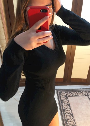 Siyah V Yaka Uzun Kollu Triko Elbise - Görsel 3