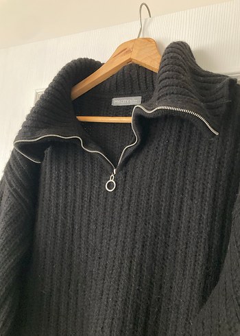 Siyah Yarım Fermuarlı Midi Örgü Kazak - Görsel 4