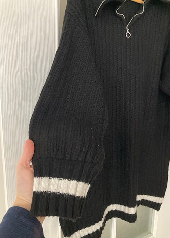 Siyah Yarım Fermuarlı Midi Örgü Kazak - Görsel 2