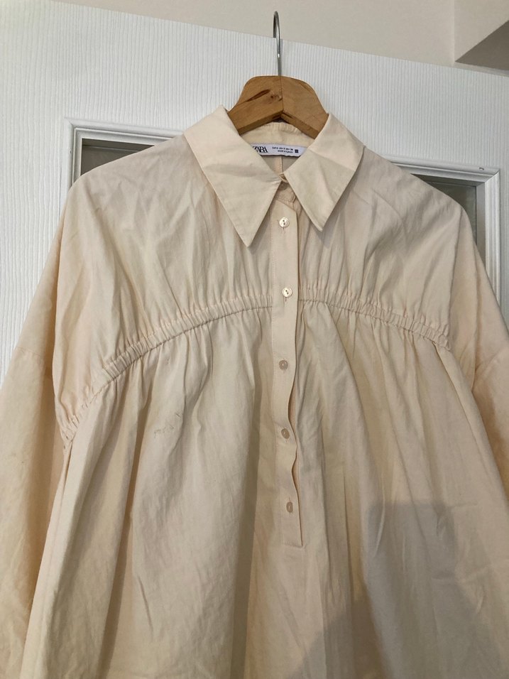 Zara Bej Keten Düğmeli Midi Gömlek - Görsel 2