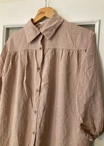 Bej Keten Düğmeli Salaş Midi Gömlek - Görsel 4