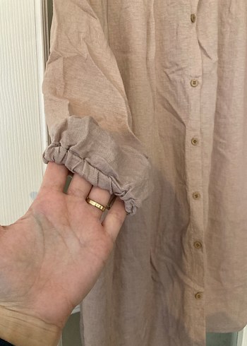 Bej Keten Düğmeli Salaş Midi Gömlek - Görsel 3