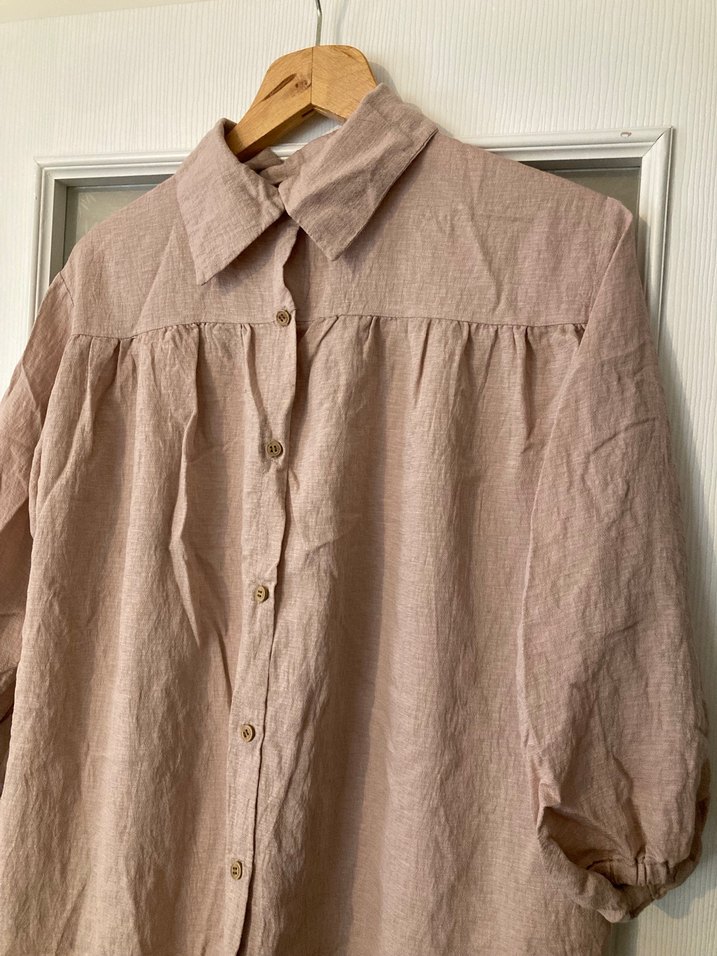 Bej Keten Düğmeli Salaş Midi Gömlek - Görsel 4