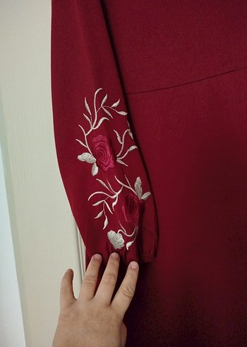 Bordo Nakışlı Uzun Salaş Kadın Elbise - Görsel 3